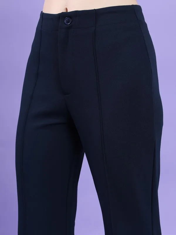 Tokyo Talkies Women Navy Blue Solid Bootcut Casual Trousers