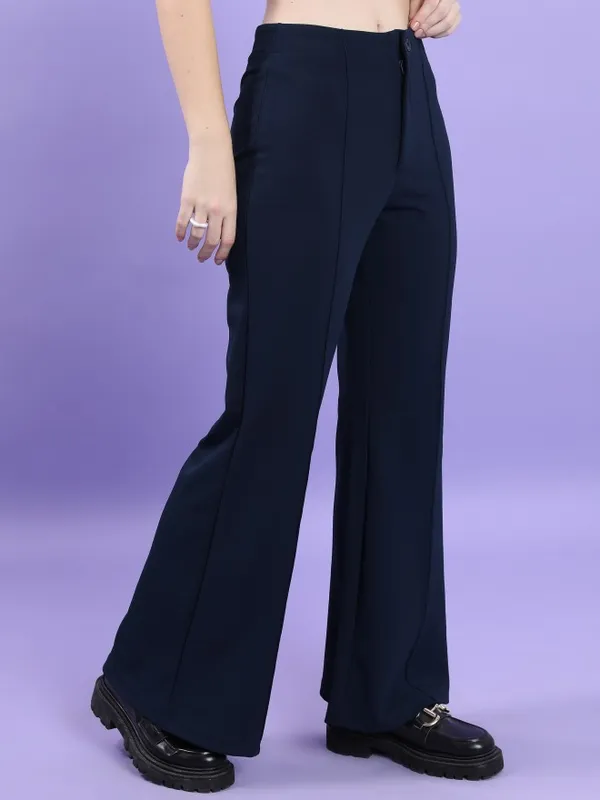  Tokyo Talkies Women Navy Blue Solid Bootcut Casual Trousers