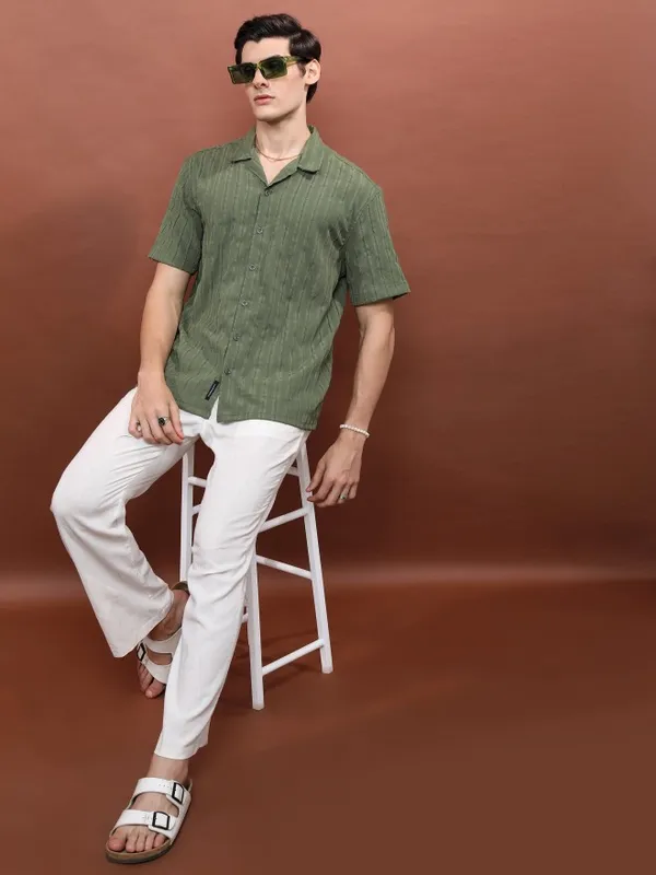  Highlander Men Olive Striped Oversized Fit Casual Shirts