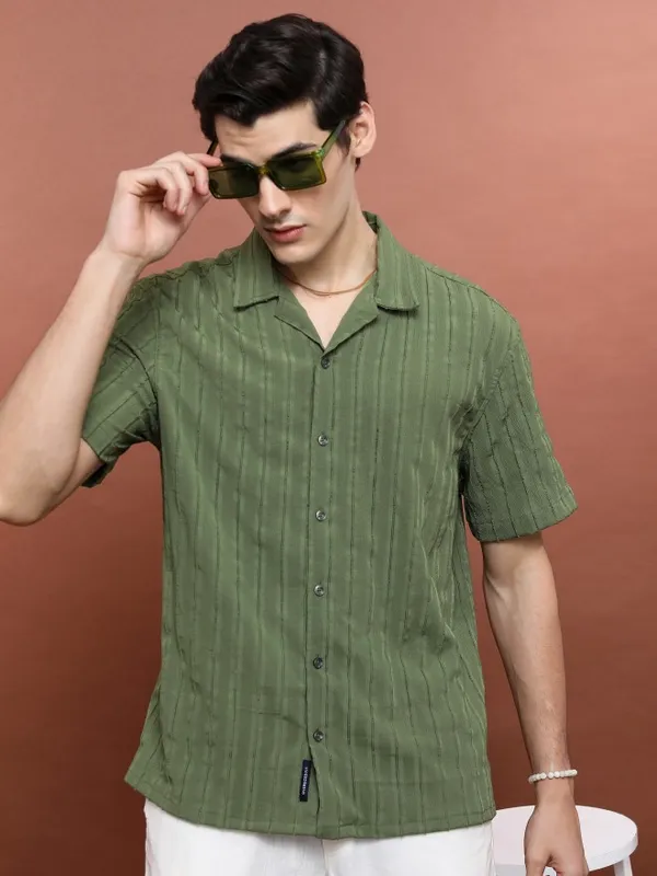  Highlander Men Olive Striped Oversized Fit Casual Shirts