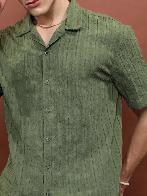  Highlander Men Olive Striped Oversized Fit Casual Shirts