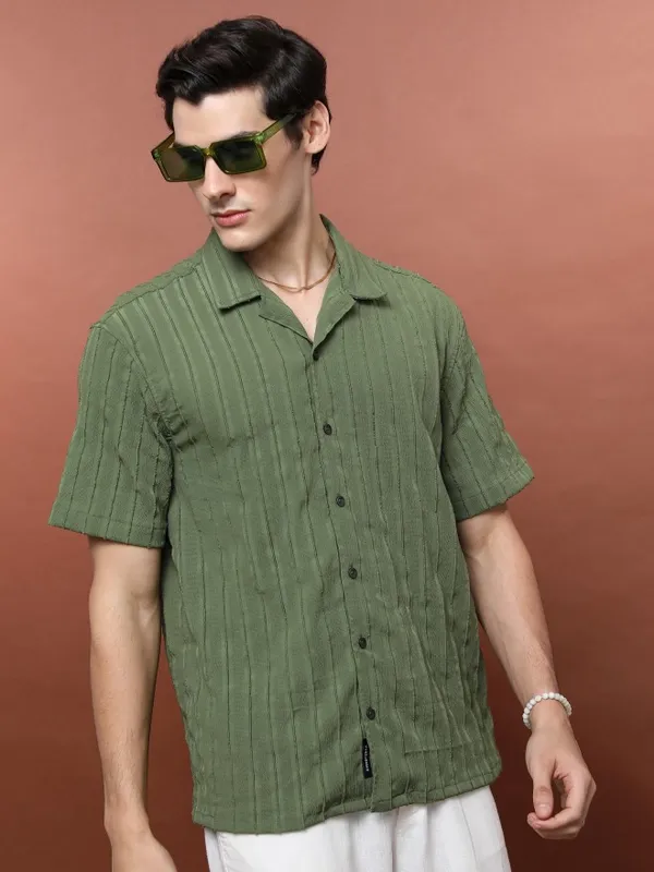  Highlander Men Olive Striped Oversized Fit Casual Shirts