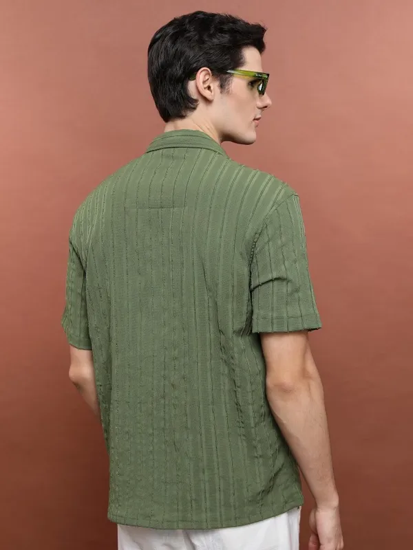  Highlander Men Olive Striped Oversized Fit Casual Shirts