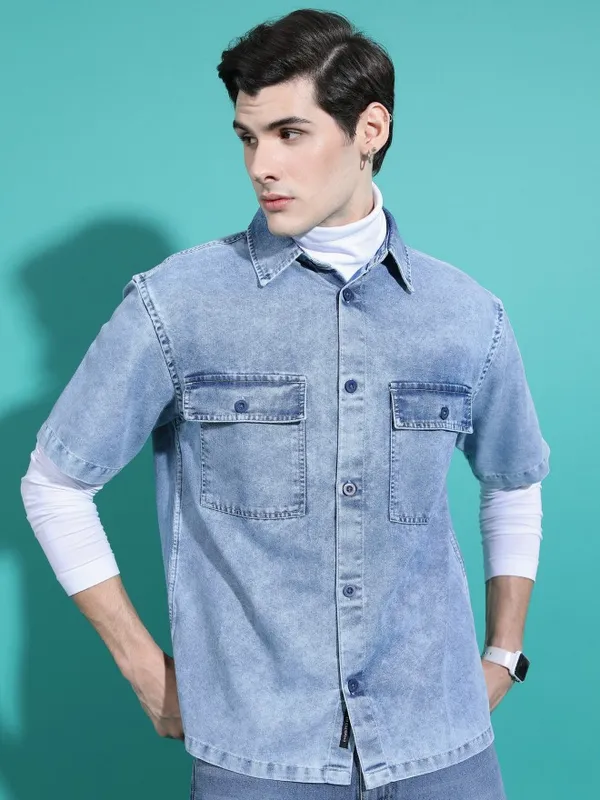  Highlander Men Blue Faded Oversized Fit Casual Shirts