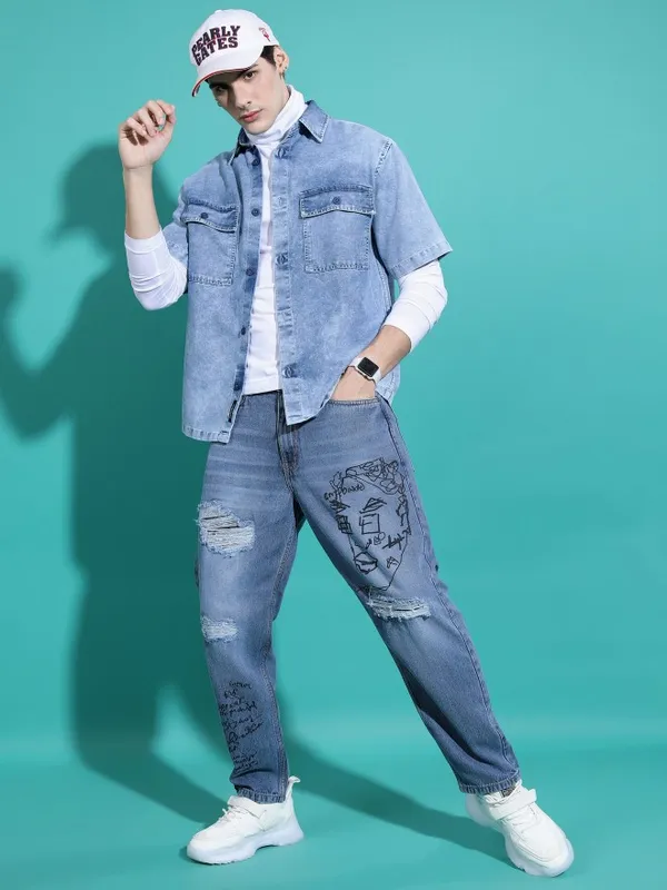  Highlander Men Blue Faded Oversized Fit Casual Shirts
