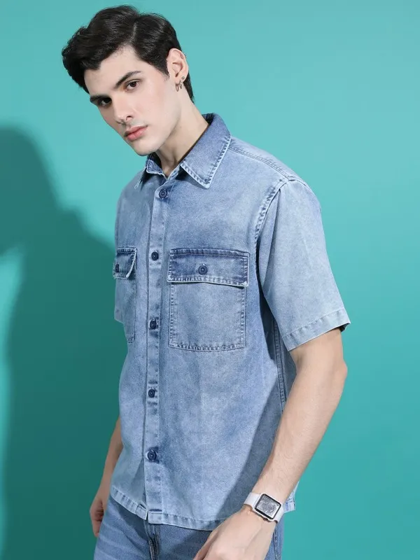  Highlander Men Blue Faded Oversized Fit Casual Shirts