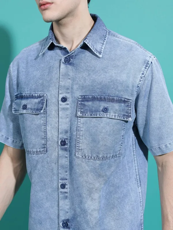  Highlander Men Blue Faded Oversized Fit Casual Shirts