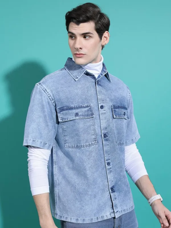  Highlander Men Blue Faded Oversized Fit Casual Shirts
