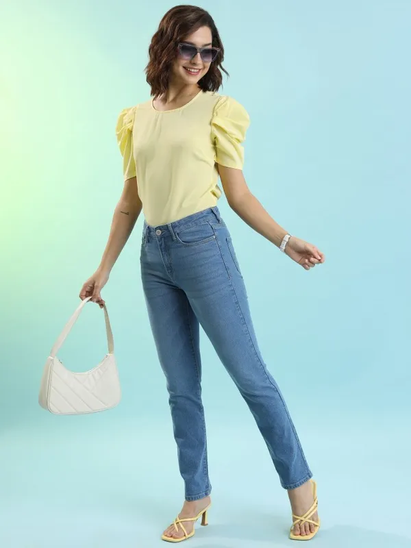 Tokyo Talkies Women Yellow Solid Fitted Top