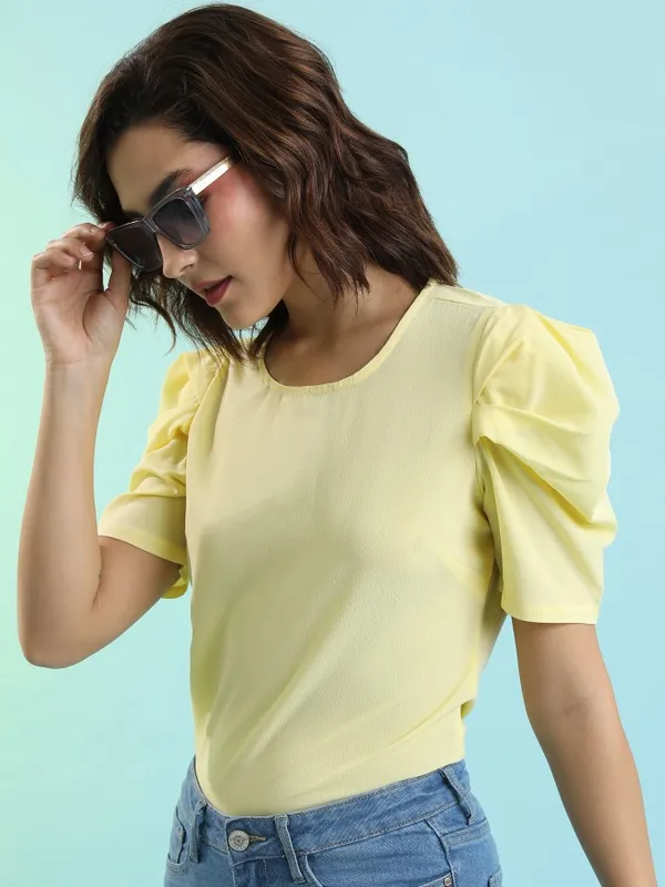 Tokyo Talkies Women Yellow Solid Fitted Top