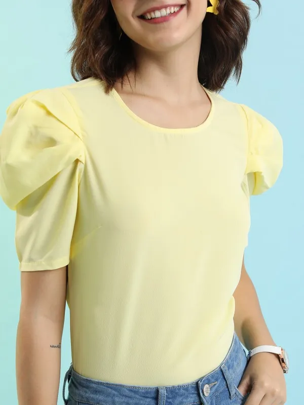 Tokyo Talkies Women Yellow Solid Fitted Top