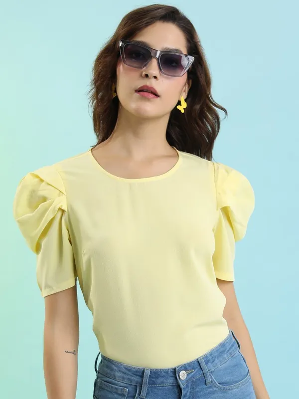 Tokyo Talkies Women Yellow Solid Fitted Top