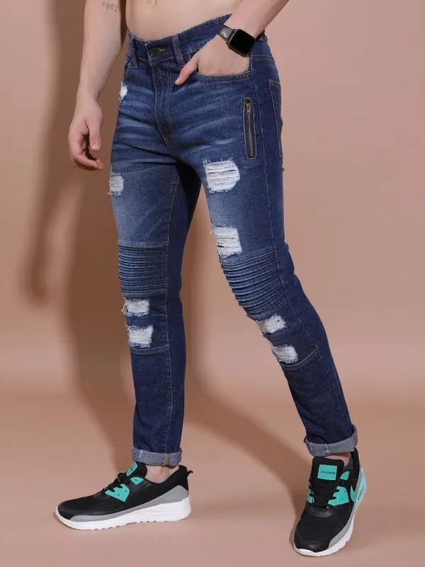 Highlander Men Blue Super Skinny Fit Highly Distressed Jeans