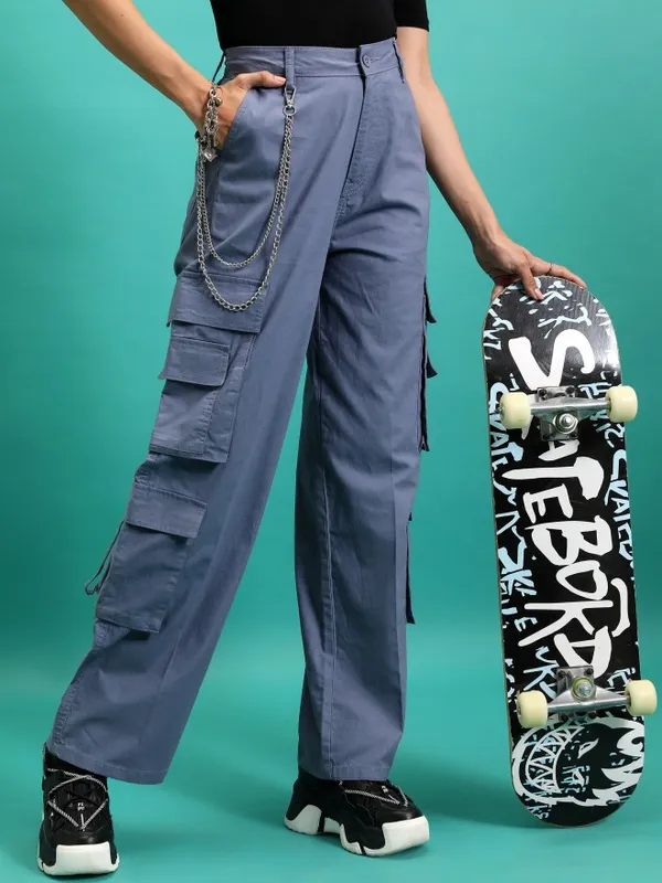  Tokyo Talkies Women Grey Solid Straight Fit Casual Trousers