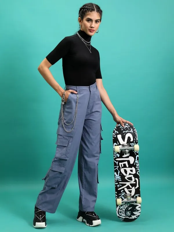  Tokyo Talkies Women Grey Solid Straight Fit Casual Trousers