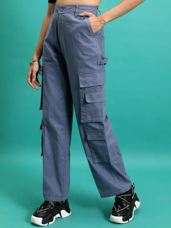  Tokyo Talkies Women Grey Solid Straight Fit Casual Trousers