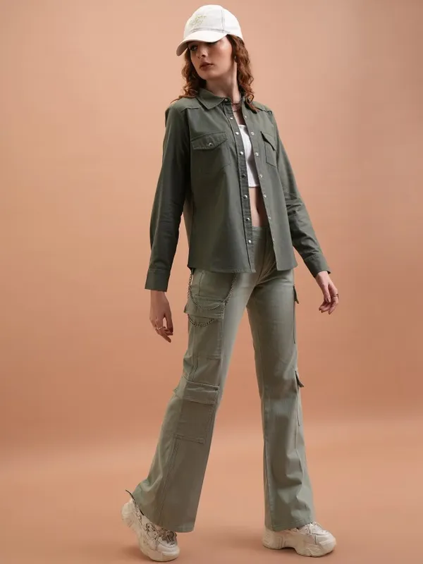  Tokyo Talkies Women Green Solid Flared Casual Trousers