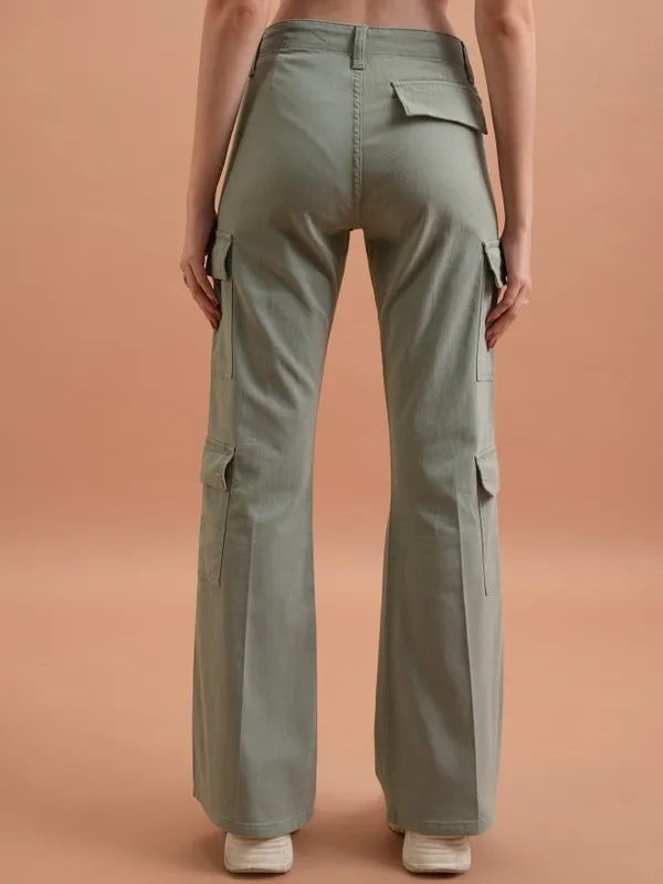  Tokyo Talkies Women Green Solid Flared Casual Trousers