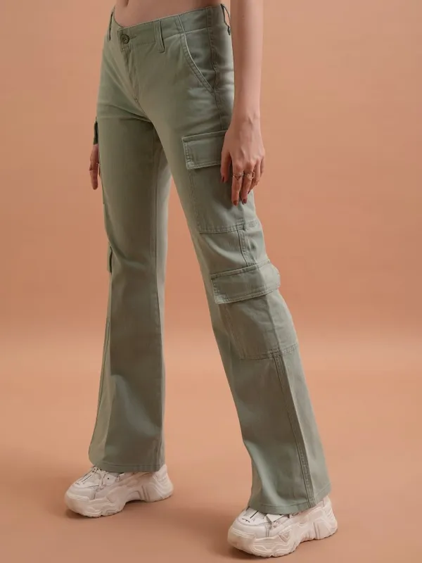  Tokyo Talkies Women Green Solid Flared Casual Trousers