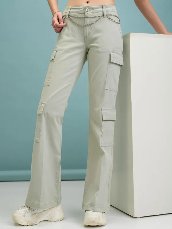 Tokyo Talkies Women Green Solid Flared Cargos