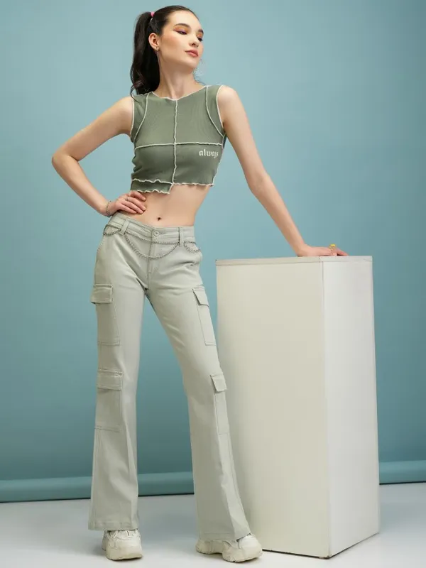 Tokyo Talkies Women Green Solid Flared Cargos