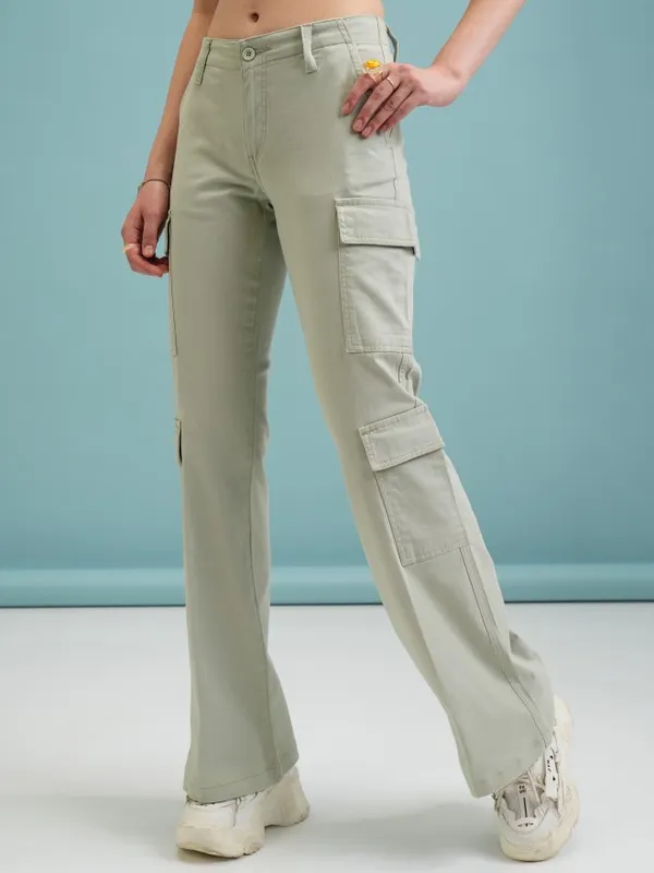 Tokyo Talkies Women Green Solid Flared Cargos