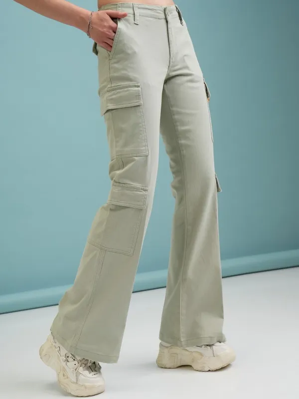 Tokyo Talkies Women Green Solid Flared Cargos