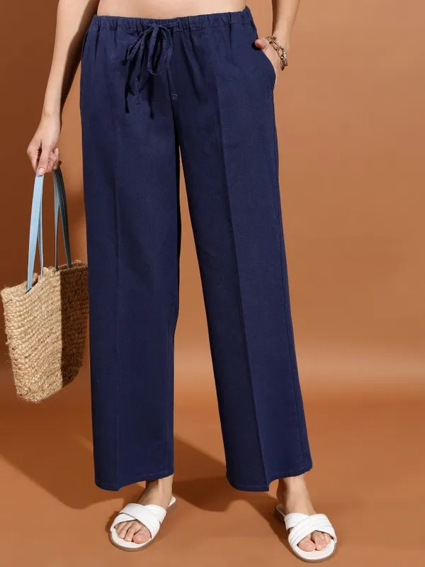  Tokyo Talkies Women Blue Solid Flared Casual Trousers
