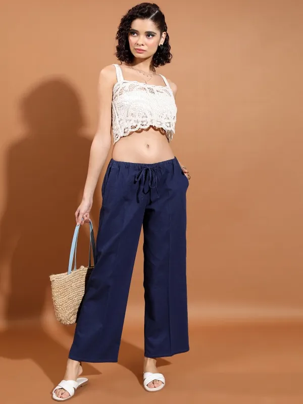  Tokyo Talkies Women Blue Solid Flared Casual Trousers