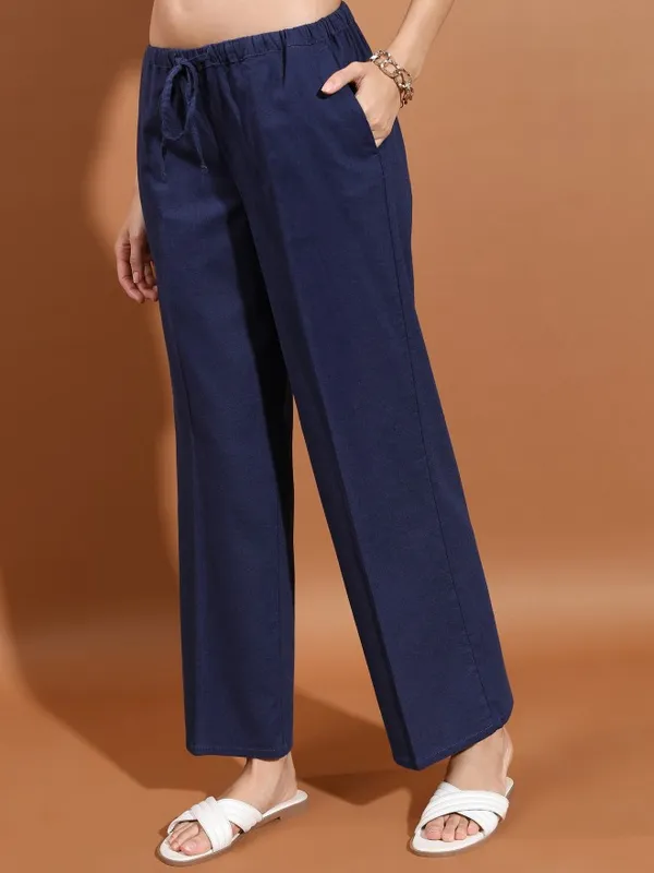  Tokyo Talkies Women Blue Solid Flared Casual Trousers