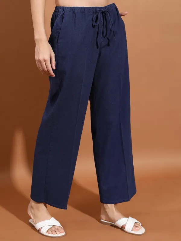  Tokyo Talkies Women Blue Solid Flared Casual Trousers