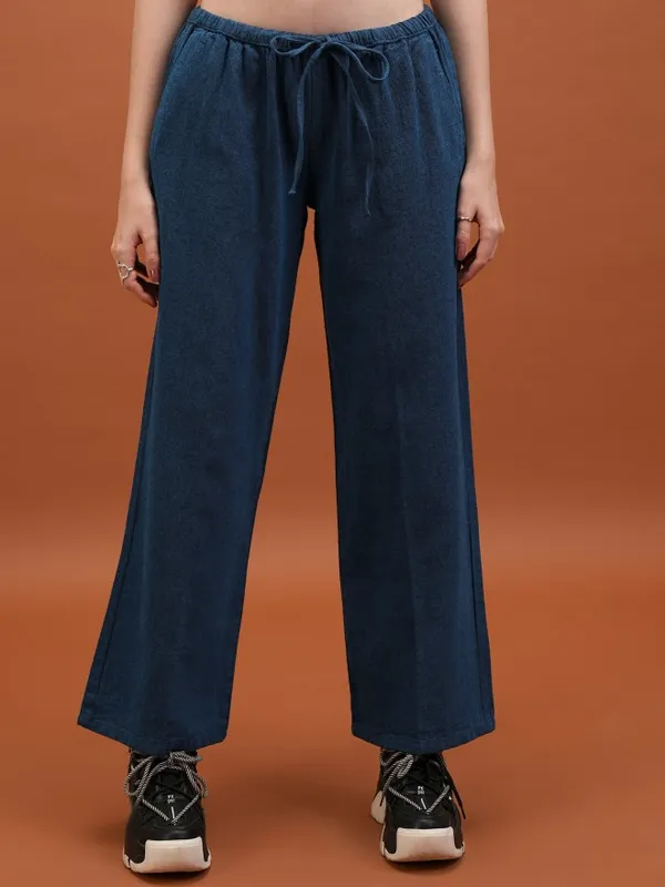  Tokyo Talkies Women Blue Solid Flared Casual Trousers