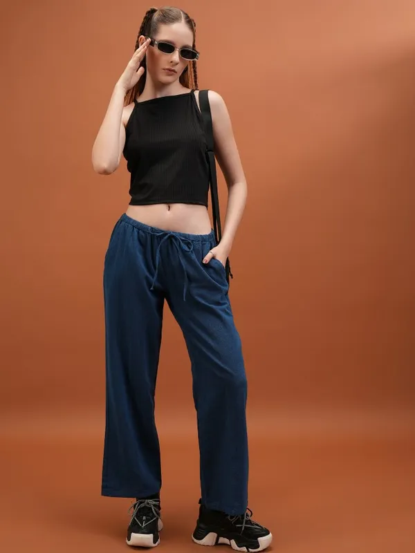  Tokyo Talkies Women Blue Solid Flared Casual Trousers