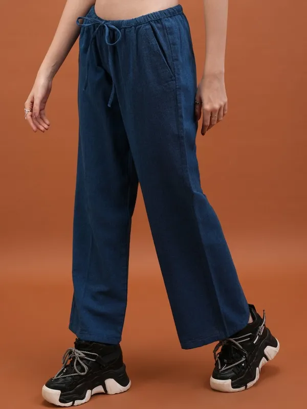  Tokyo Talkies Women Blue Solid Flared Casual Trousers