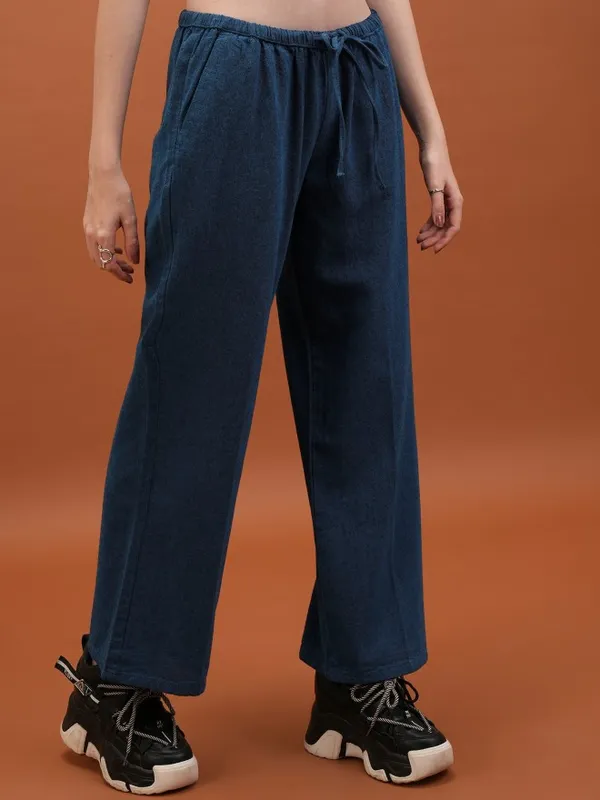  Tokyo Talkies Women Blue Solid Flared Casual Trousers