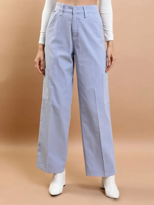  Tokyo Talkies Women Blue Solid Flared Casual Trousers