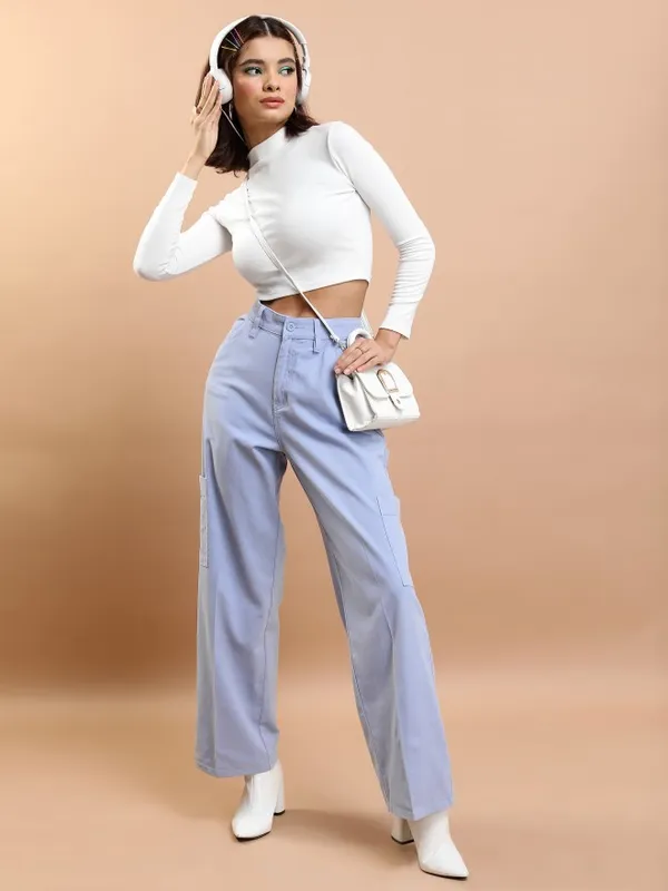  Tokyo Talkies Women Blue Solid Flared Casual Trousers