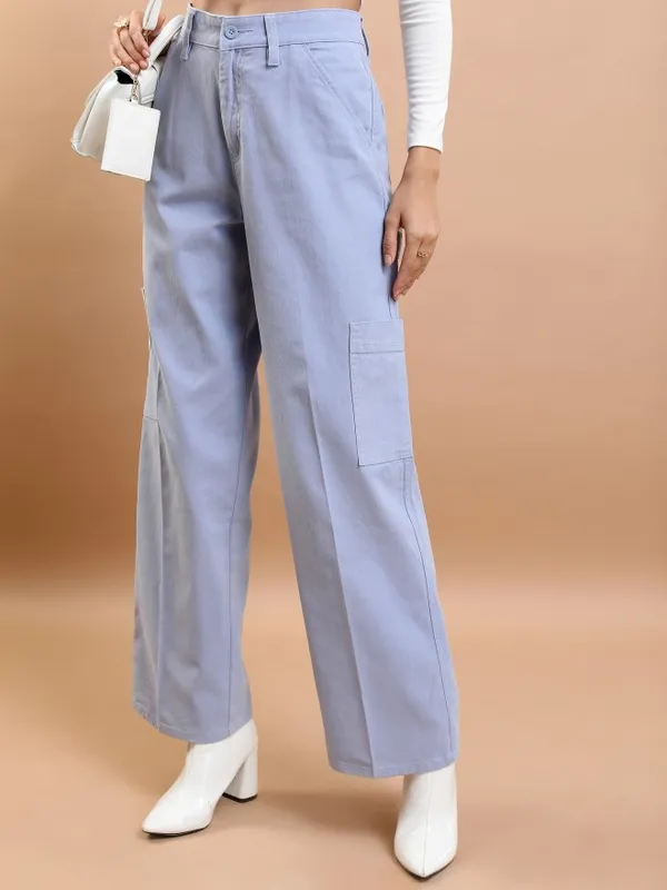  Tokyo Talkies Women Blue Solid Flared Casual Trousers