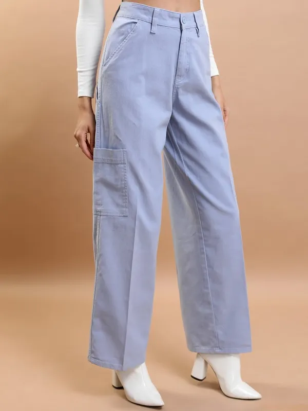  Tokyo Talkies Women Blue Solid Flared Casual Trousers