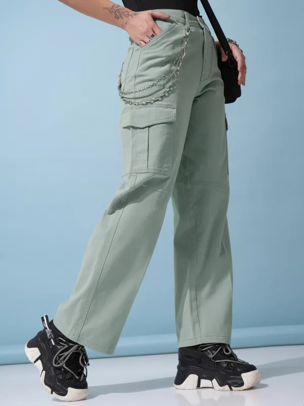 Tokyo Talkies Women Green Solid Regular Fit Cargos