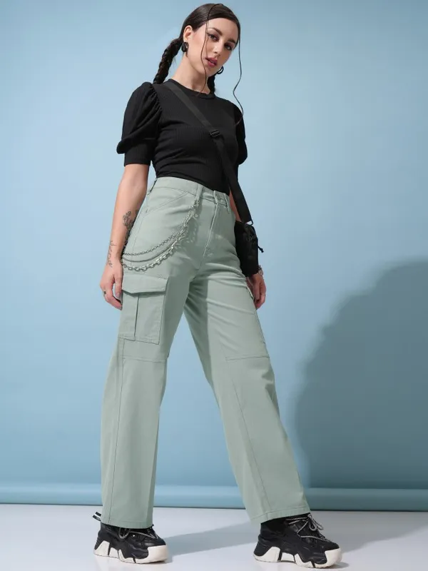 Tokyo Talkies Women Green Solid Regular Fit Cargos