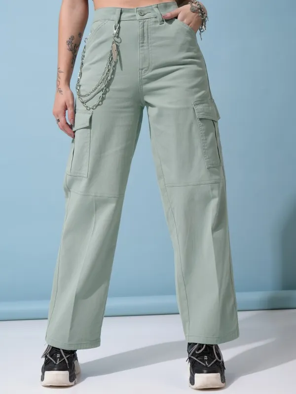 Tokyo Talkies Women Green Solid Regular Fit Cargos