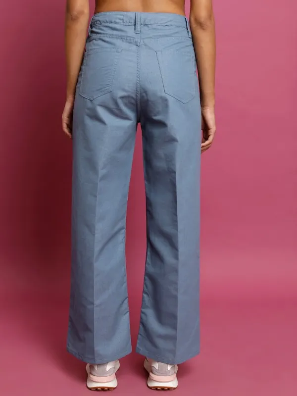  Tokyo Talkies Women Blue Solid Flared Casual Trousers