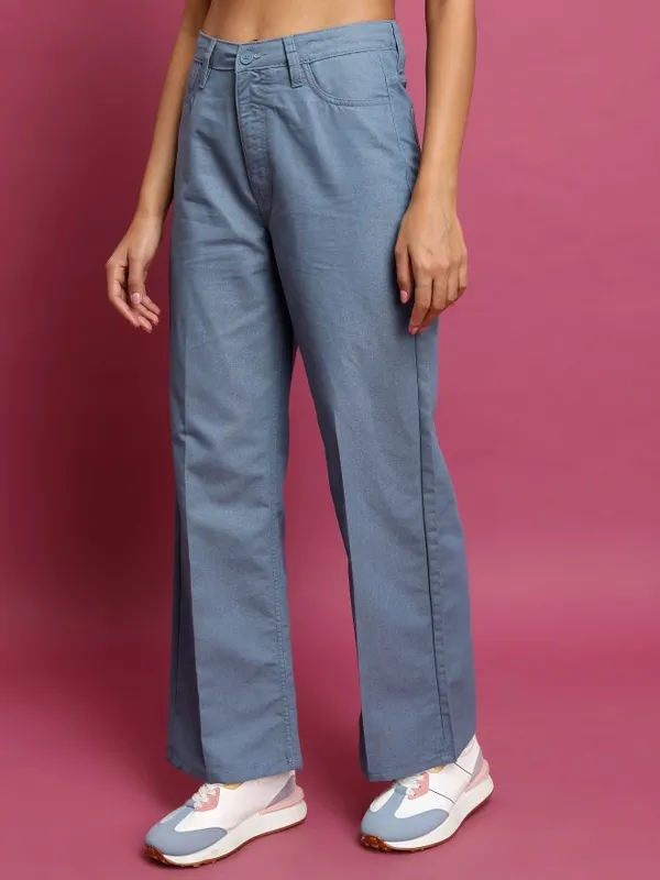  Tokyo Talkies Women Blue Solid Flared Casual Trousers