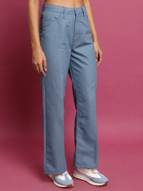  Tokyo Talkies Women Blue Solid Flared Casual Trousers