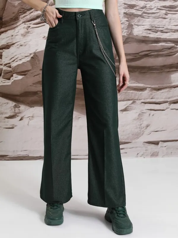  Tokyo Talkies Women Teal Solid Flared Casual Trousers