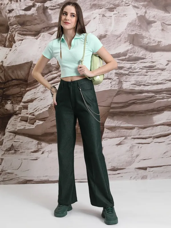  Tokyo Talkies Women Teal Solid Flared Casual Trousers