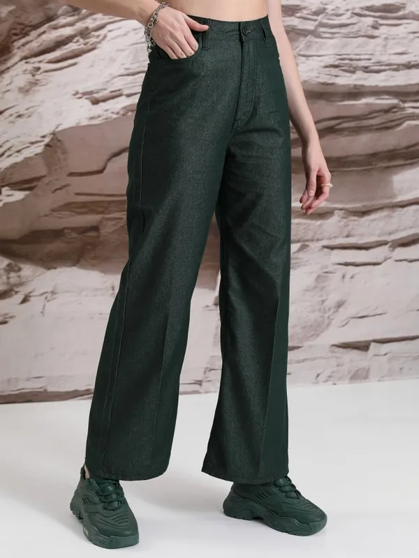  Tokyo Talkies Women Teal Solid Flared Casual Trousers