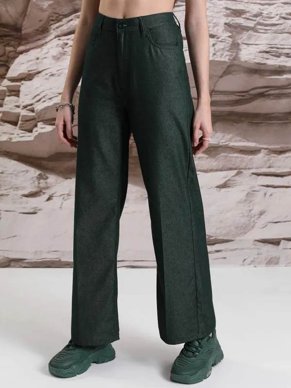 Tokyo Talkies Women Teal Solid Flared Casual Trouser