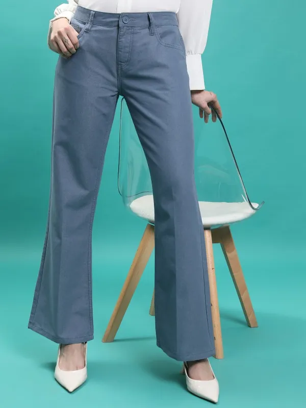  Tokyo Talkies Women Blue Solid Flared  Casual Trousers